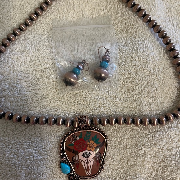 Jewelry - Copper and Turquoise Beaded Necklace and Earring Set